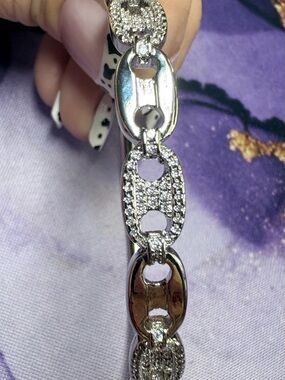 Crystal Pavé Silver Link Dainty Bangle Bracelet - Women's Jewelry NEW